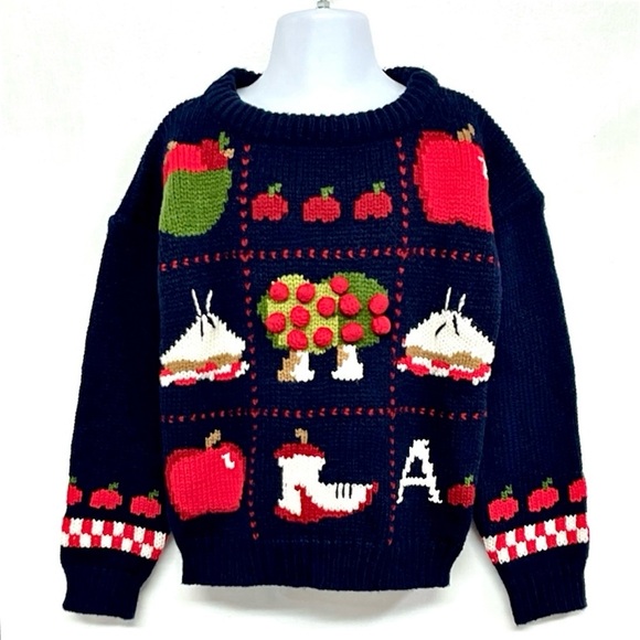 Eagles Eye Vintage 90s Kids Hand Knit A Is For Apple Navy Folk Art Sweater 6/6X - Picture 1 of 10